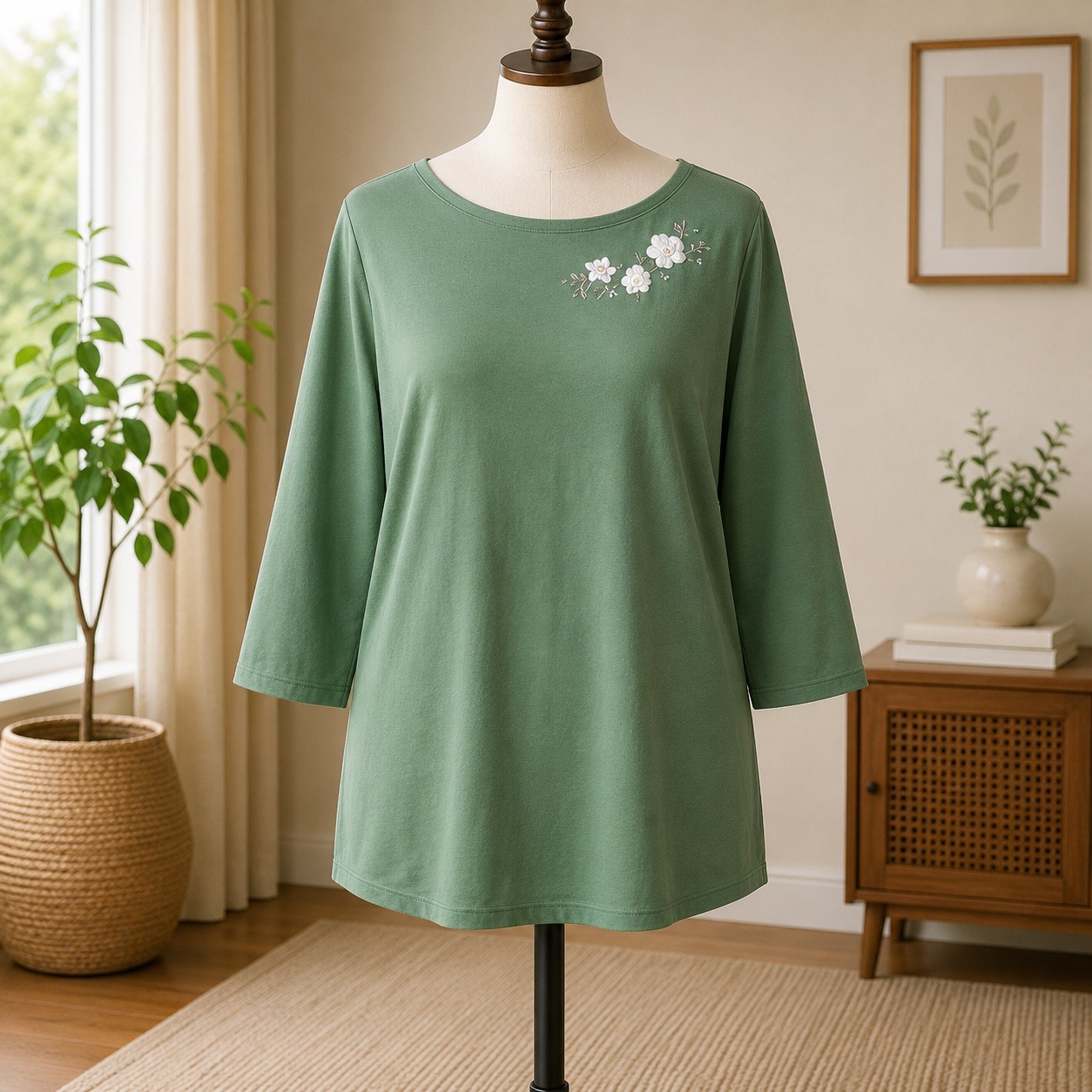 Nwt Beautiful By Lawrence Zarian Top 3x Green Floral Embellished 3/4 Sleeve